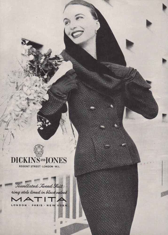 Matita. Dickins & Jones. Tessellated Tweed suit. Ring stole. Fashion advert 1955